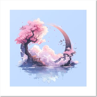 Sakura Bonsai Embrassing the Moon Scenery Posters and Art